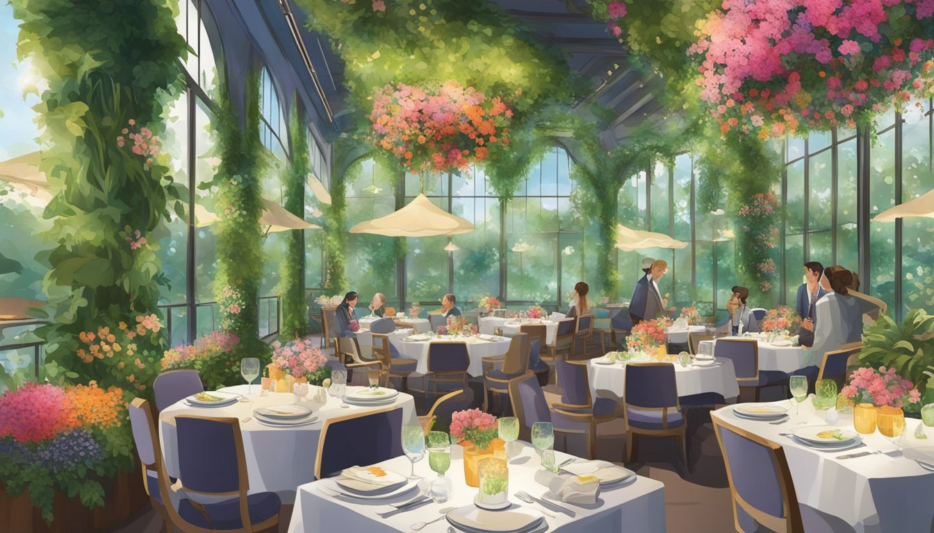 Lush greenery cascades from the ceiling, enveloping diners in a floral paradise. Tables are nestled among vibrant blooms, creating an immersive dining experience in the flower dome restaurant