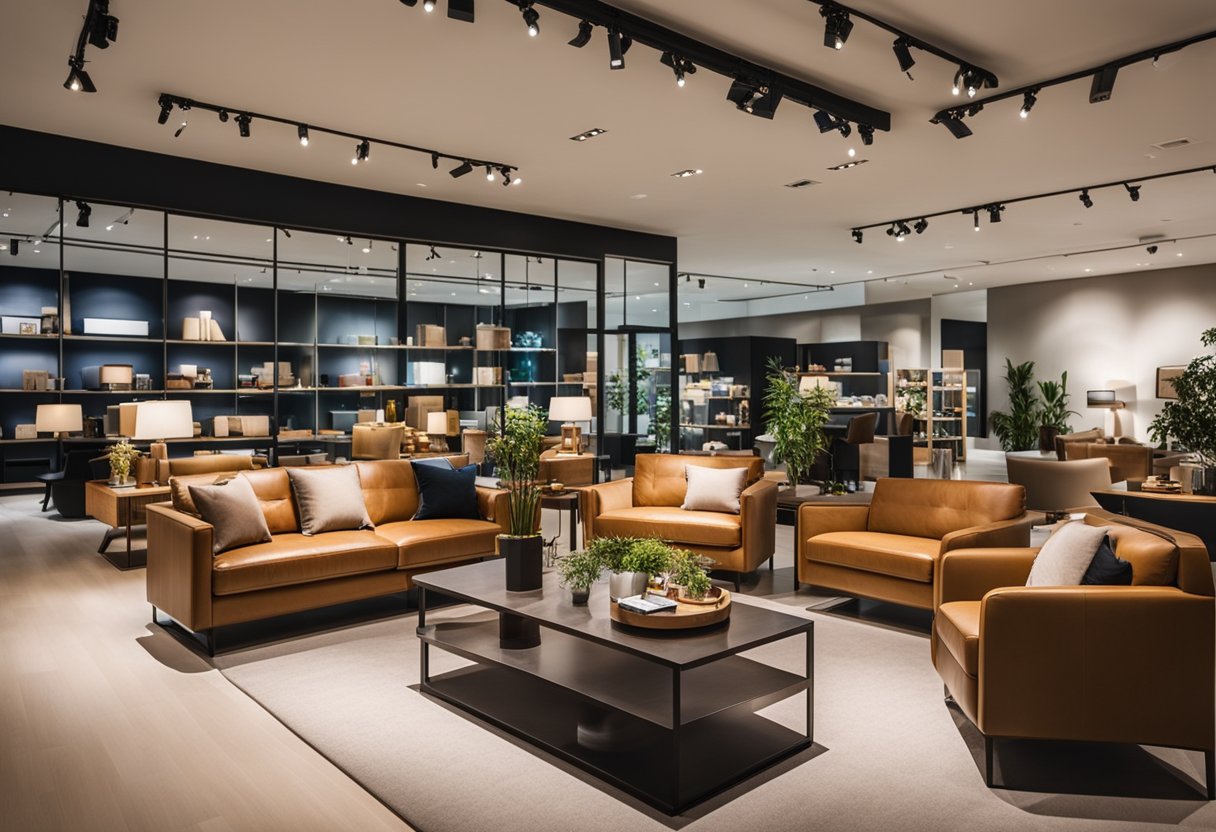 Customers browsing through various furniture displays in a spacious and well-lit showroom at a big furniture shop in Singapore
