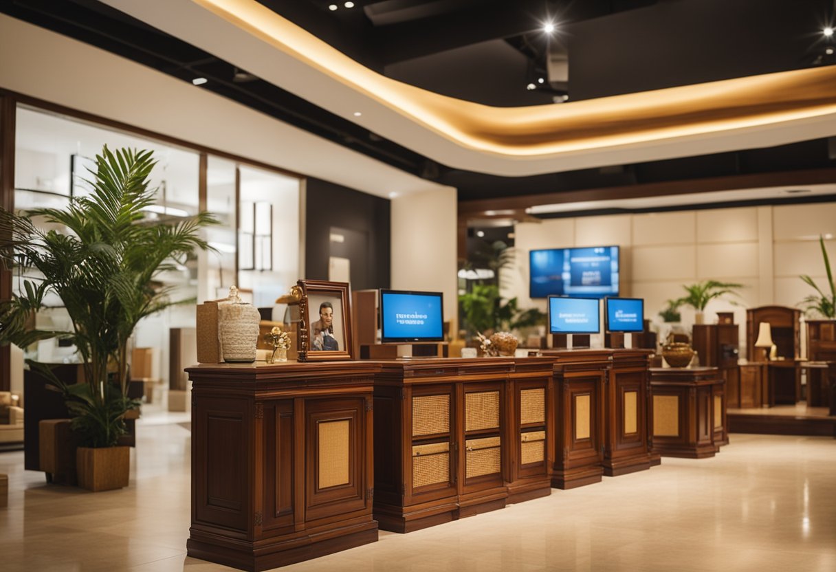 Teak and mahogany furniture arranged in a showroom with a sign reading "Frequently Asked Questions" in Singapore