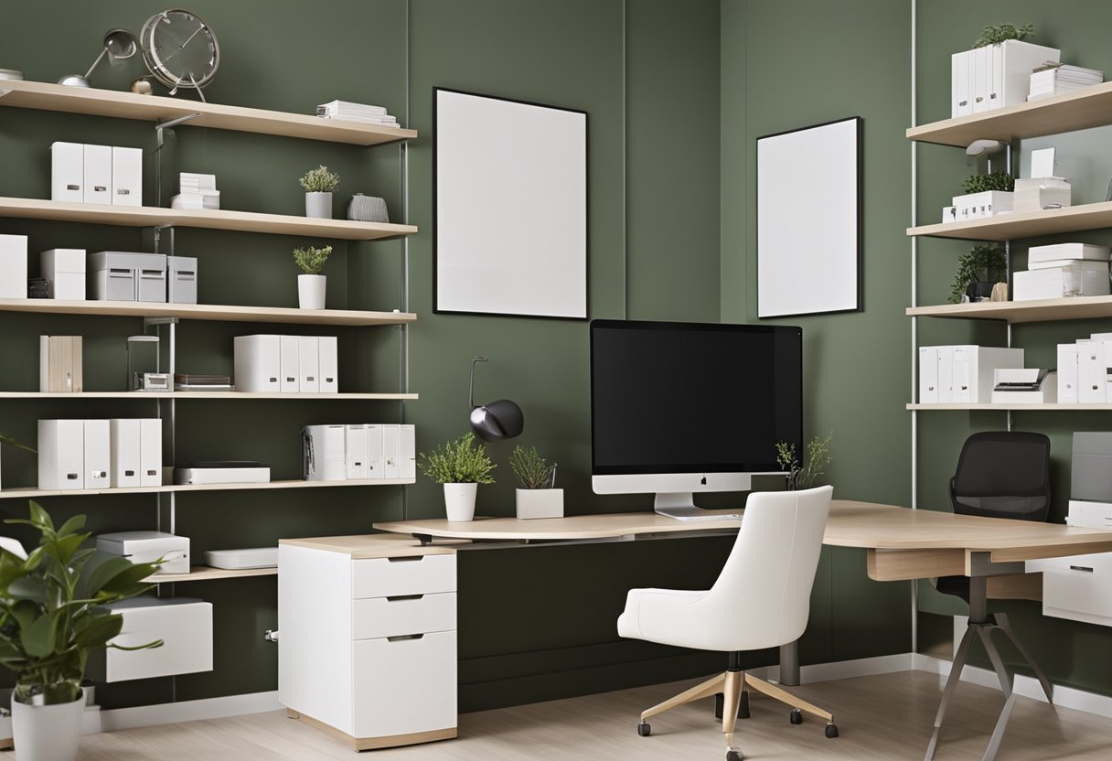 A small office room with modern furniture, natural lighting, and a minimalist color scheme. A desk with a computer, ergonomic chair, and shelves with organized office supplies