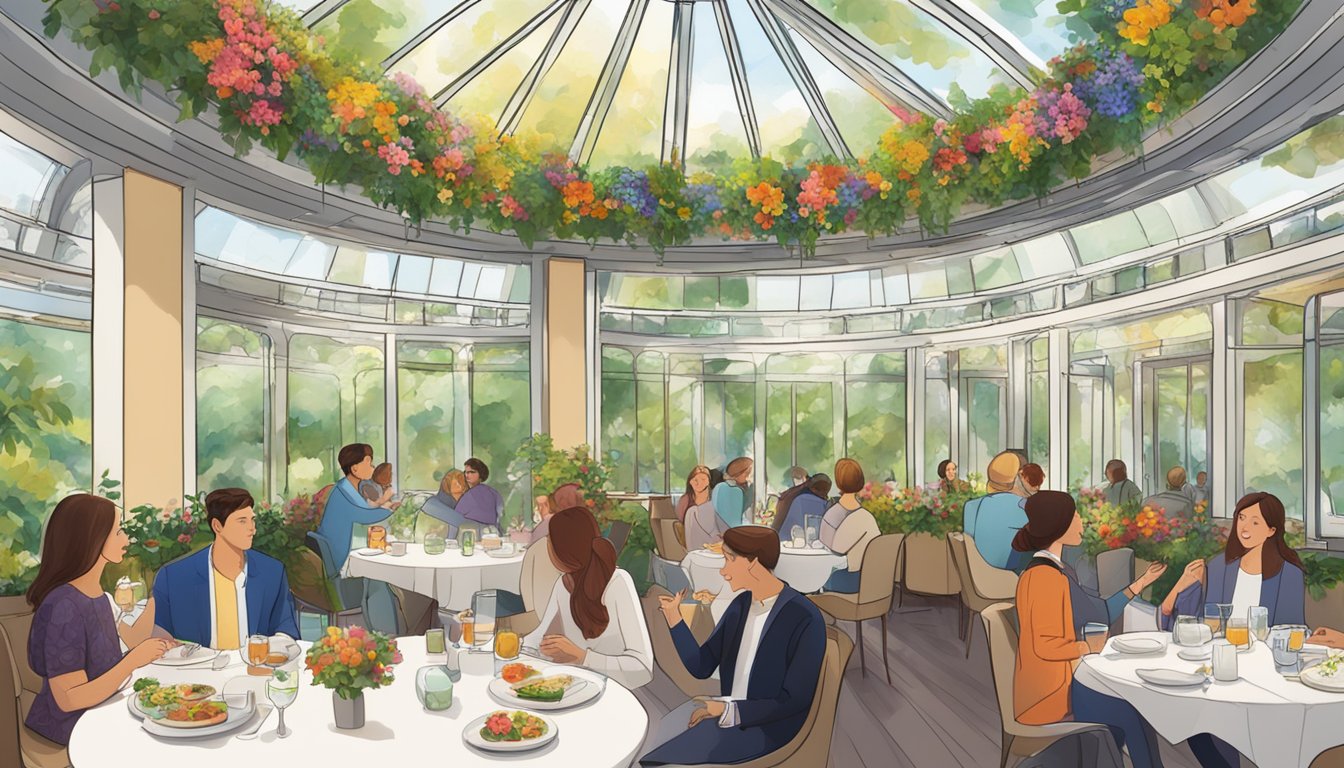 A bustling restaurant with a glass dome ceiling, surrounded by vibrant flowers and greenery. Guests sit at tables, enjoying their meals and chatting