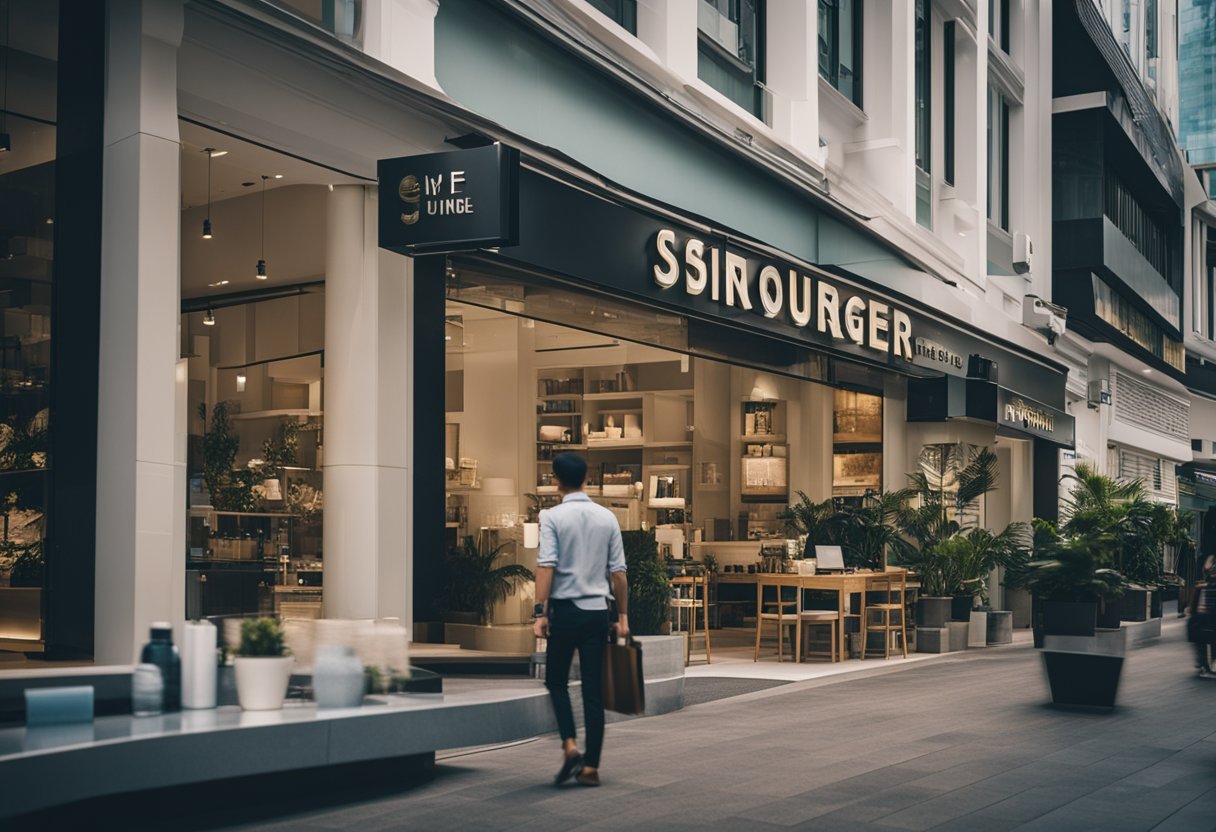 A bustling street lined with modern storefronts, each displaying sleek and stylish furniture. Bright signage and large windows invite shoppers into the top 10 furniture stores in Singapore
