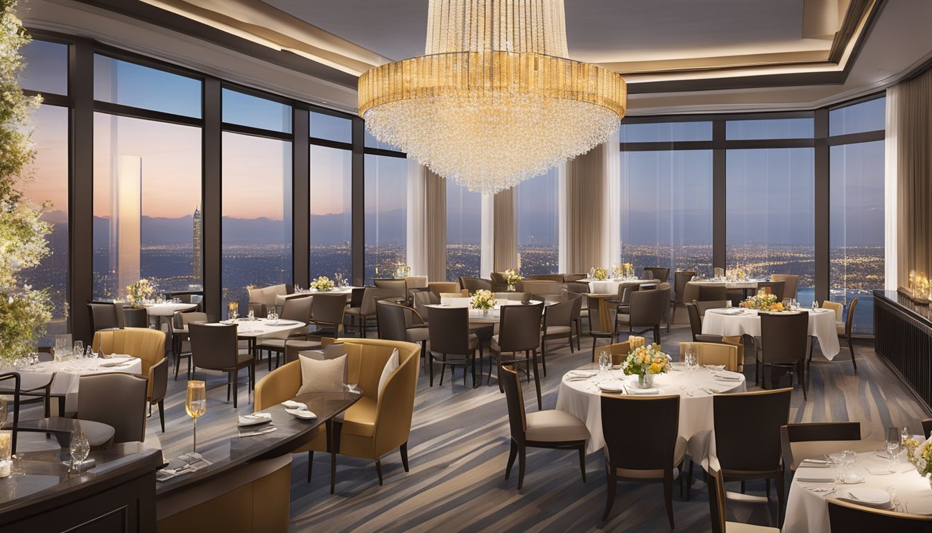The elegant restaurant at Swissotel The Stamford features grand chandeliers, plush seating, and panoramic city views