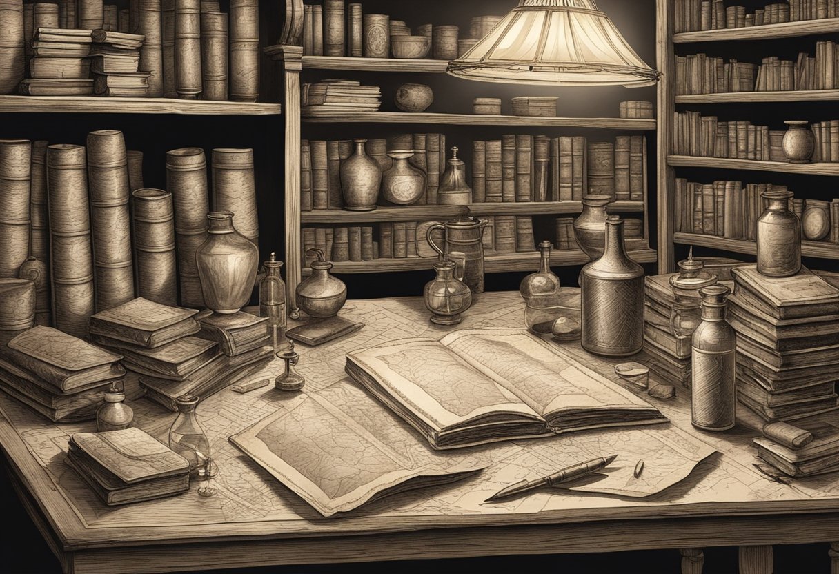 A table with old parchment scrolls, quill pens, and ink bottles, surrounded by shelves of dusty books and antique maps