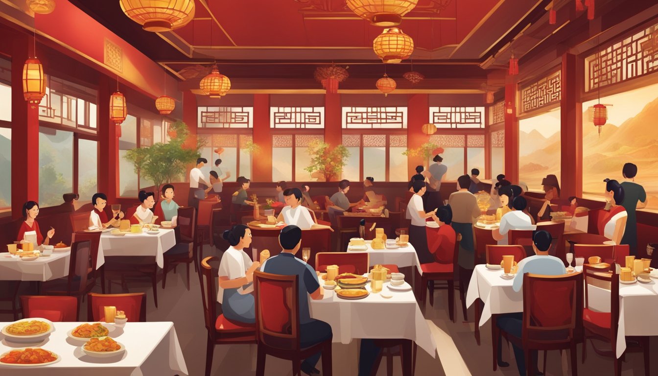 A lively Chinese restaurant with bustling waitstaff and diners enjoying authentic cuisine. Rich red and gold decor, aromatic steam rising from plates