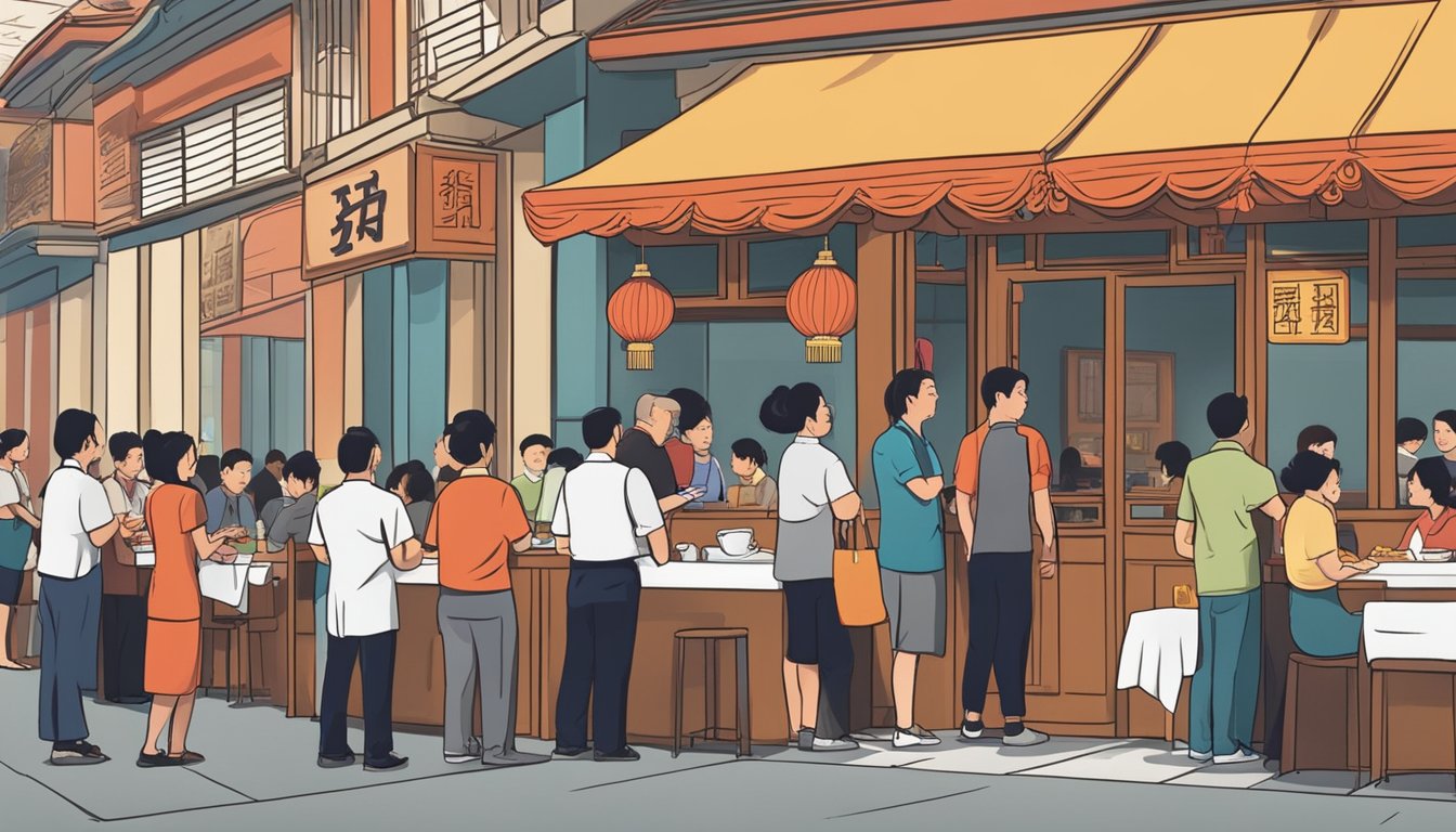 Customers line up at the entrance of a bustling Chinese restaurant, while waitstaff serve dishes to eager diners at their tables