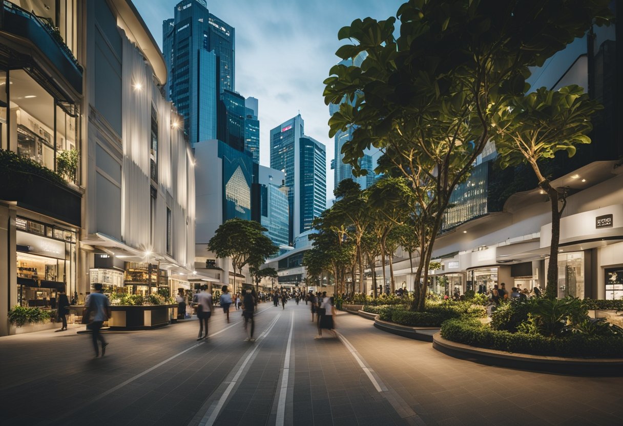 A bustling street lined with modern, sleek furniture stores in Singapore, showcasing a variety of stylish and functional pieces