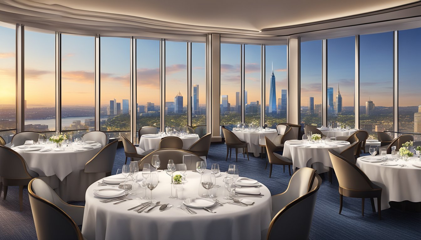 A table set with elegant cutlery, fine china, and a stunning view of the city skyline through floor-to-ceiling windows at Swissôtel The Stamford restaurant