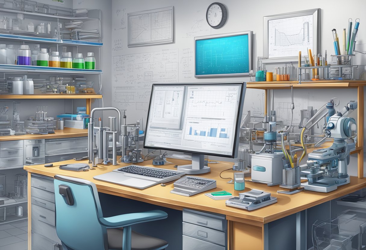 A bustling laboratory with various scientific equipment and tools, a computer with coding software, engineering blueprints, and mathematical equations on a whiteboard. careers in STEM.