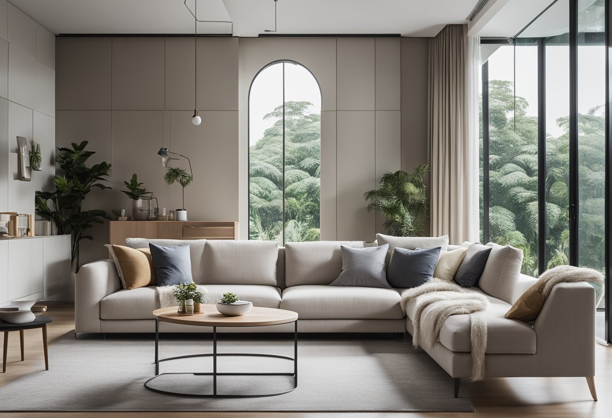 A modern living room with sleek, minimalist furniture in Singapore. Clean lines, neutral colors, and natural light create a stylish and inviting space