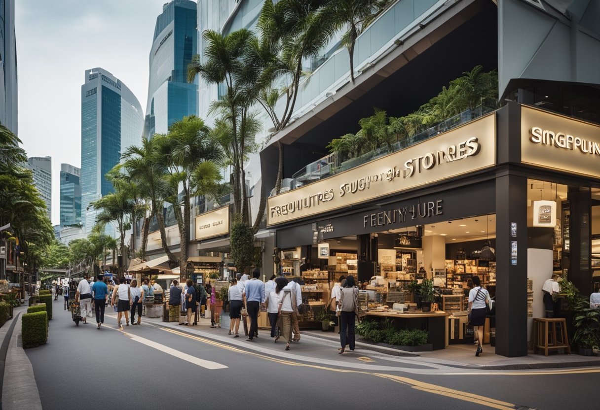 A bustling street in Singapore with 10 prominent furniture stores, each with a large sign displaying "Frequently Asked Questions top 10 furniture stores in Singapore." The stores are filled with various furniture pieces and customers browsing