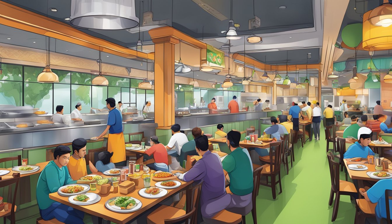 A bustling halal restaurant in Jurong, with colorful decor and a busy kitchen
