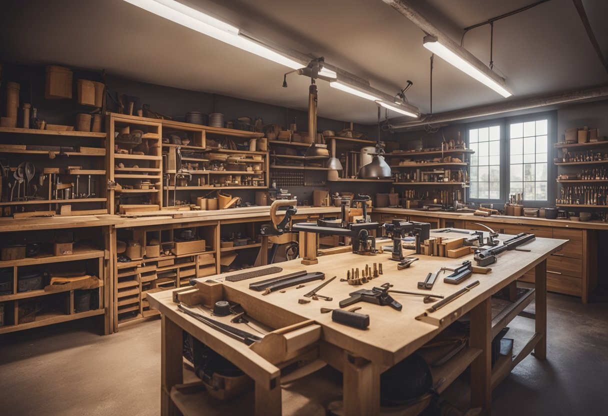 A bustling workshop with carpentry tools and materials neatly organized on shelves, sawdust covering the floor, and a large workbench in the center