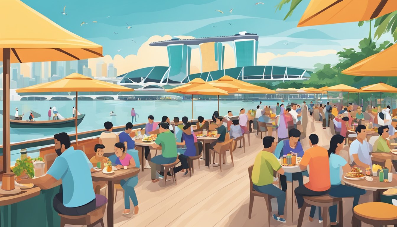 A bustling scene at Marina Bay Sands, with colorful halal restaurants lining the promenade, filled with diverse customers enjoying delicious meals