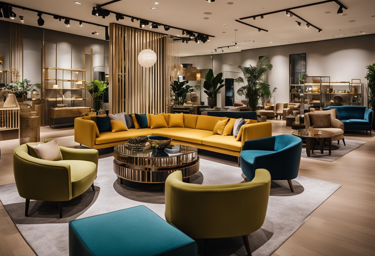 A bustling furniture showroom in Singapore, with sleek modern designs and traditional Asian influences on display. Vibrant colors and intricate details highlight the diverse furniture landscape