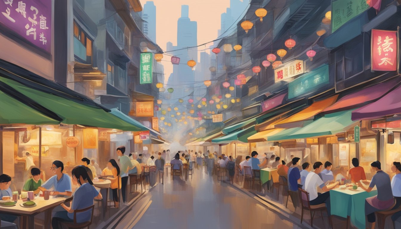 Busy Hong Kong street with colorful signs and bustling Singaporean restaurant. Aromatic steam rises from sizzling woks as customers dine al fresco