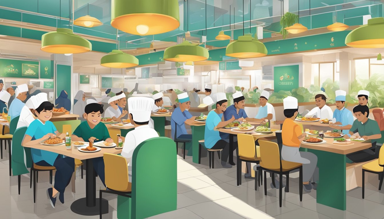 Customers dining at Jurong halal restaurant, tasting various dishes, while the chef prepares traditional halal cuisines in the open kitchen