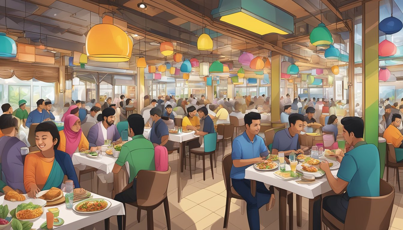 A bustling halal restaurant in Jurong, with colorful decor and a diverse crowd enjoying delicious halal dining experiences