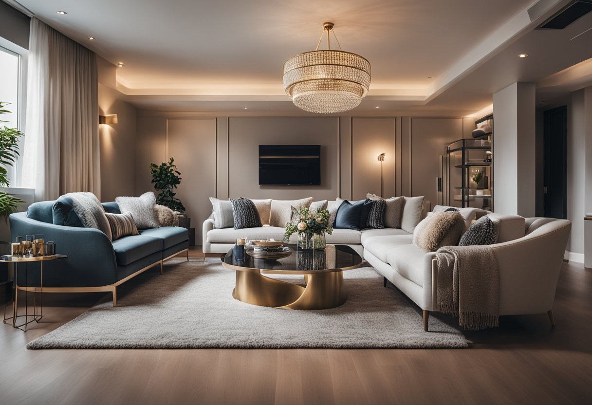 A cozy living room with a plush sofa, elegant coffee table, and stylish accent chairs. Soft lighting and decorative throw pillows add warmth to the space