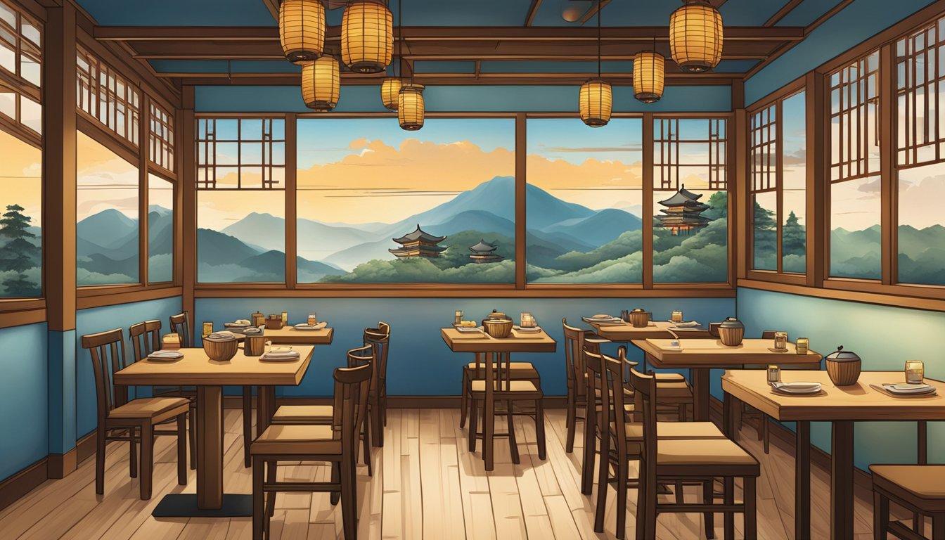 The interior of Hyang Yeon Korean restaurant, with traditional wooden tables, hanging lanterns, and a vibrant mural of a Korean landscape
