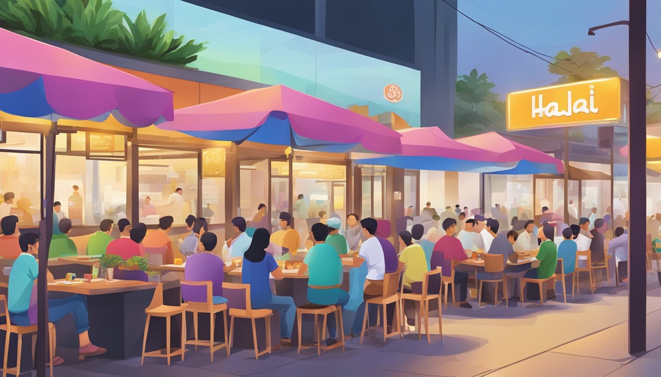 A bustling halal restaurant in Jurong, with a colorful sign, outdoor seating, and a line of customers waiting to be served