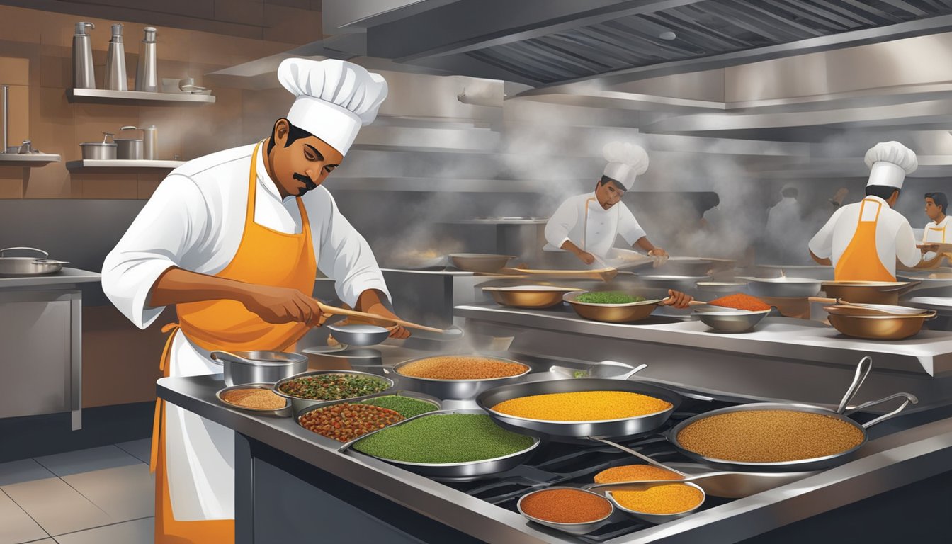 A chef prepares traditional South Indian dishes in a bustling kitchen at Thevar restaurant. Aromatic spices fill the air as sizzling pans and bubbling pots create a vibrant culinary scene