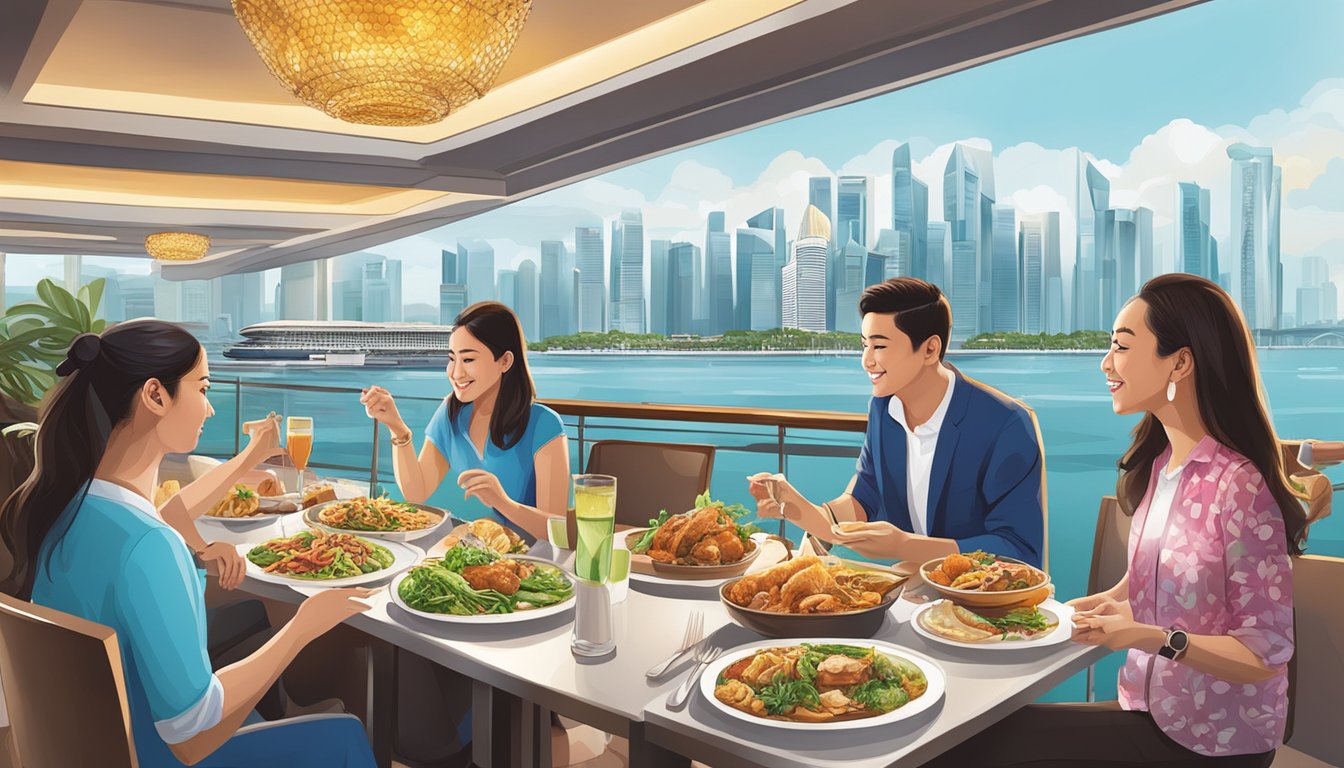Diners savoring halal dishes at Marina Bay Sands restaurants, with a backdrop of stunning architecture and a bustling waterfront