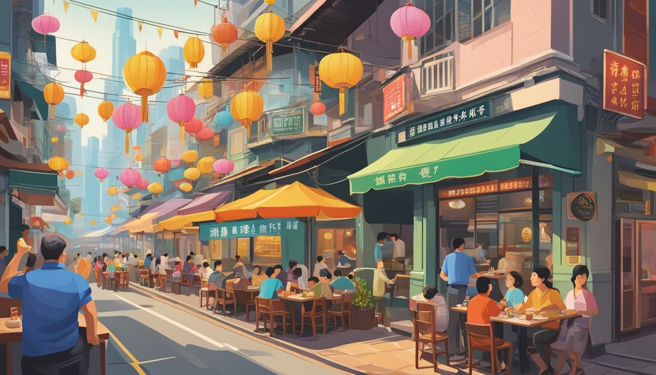 The bustling streets of Hong Kong are recreated in this Singapore restaurant, with colorful signs and bustling activity creating an authentic ambience