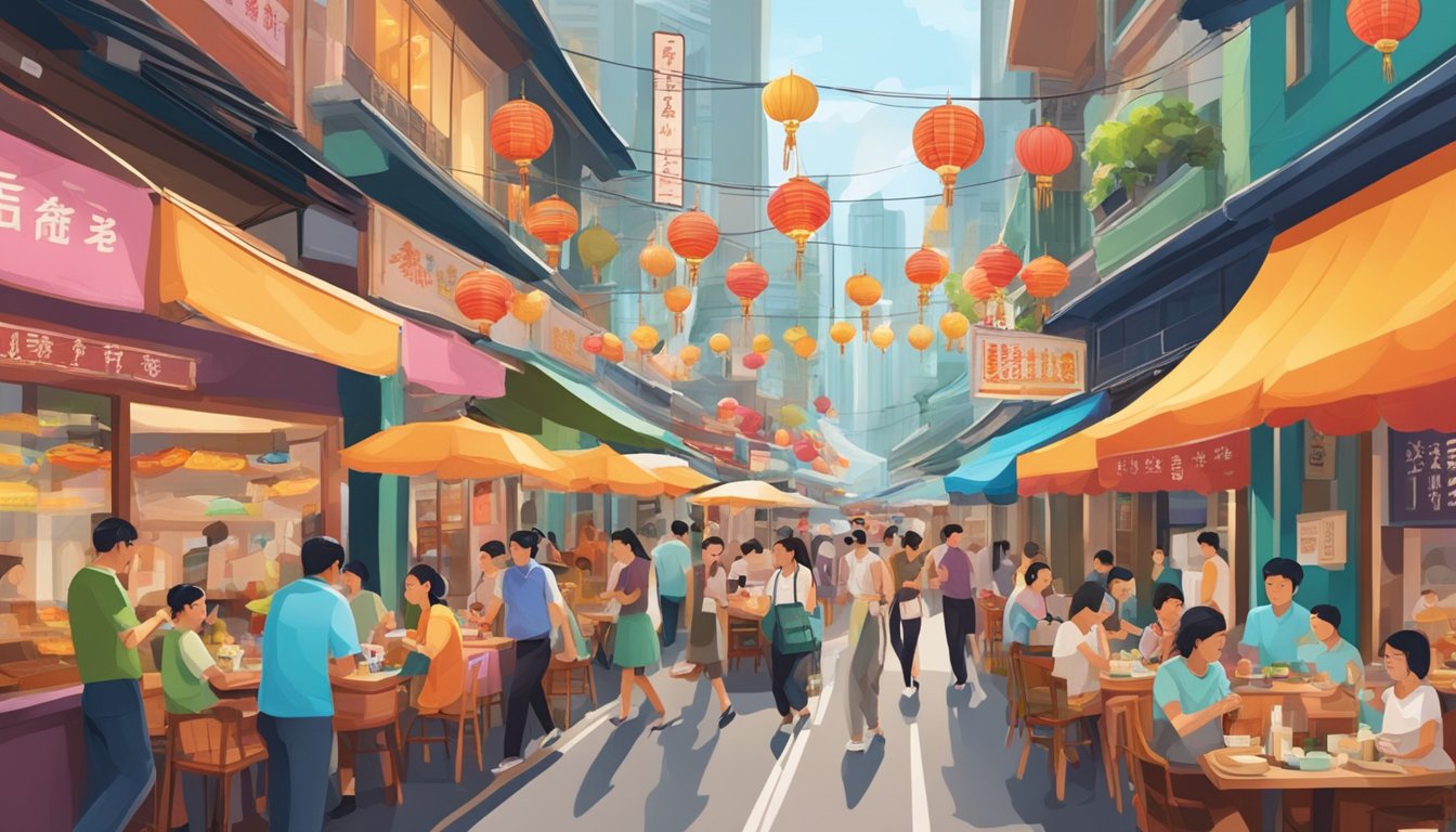 A bustling Hong Kong street with a vibrant Singapore restaurant, filled with customers and adorned with colorful signage