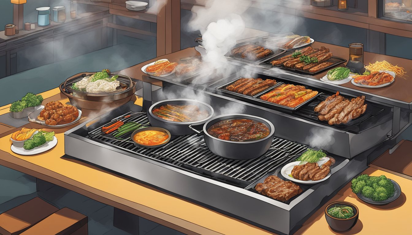 A sizzling grill at Daorae Korean BBQ Restaurant emits fragrant smoke as diners enjoy their meal