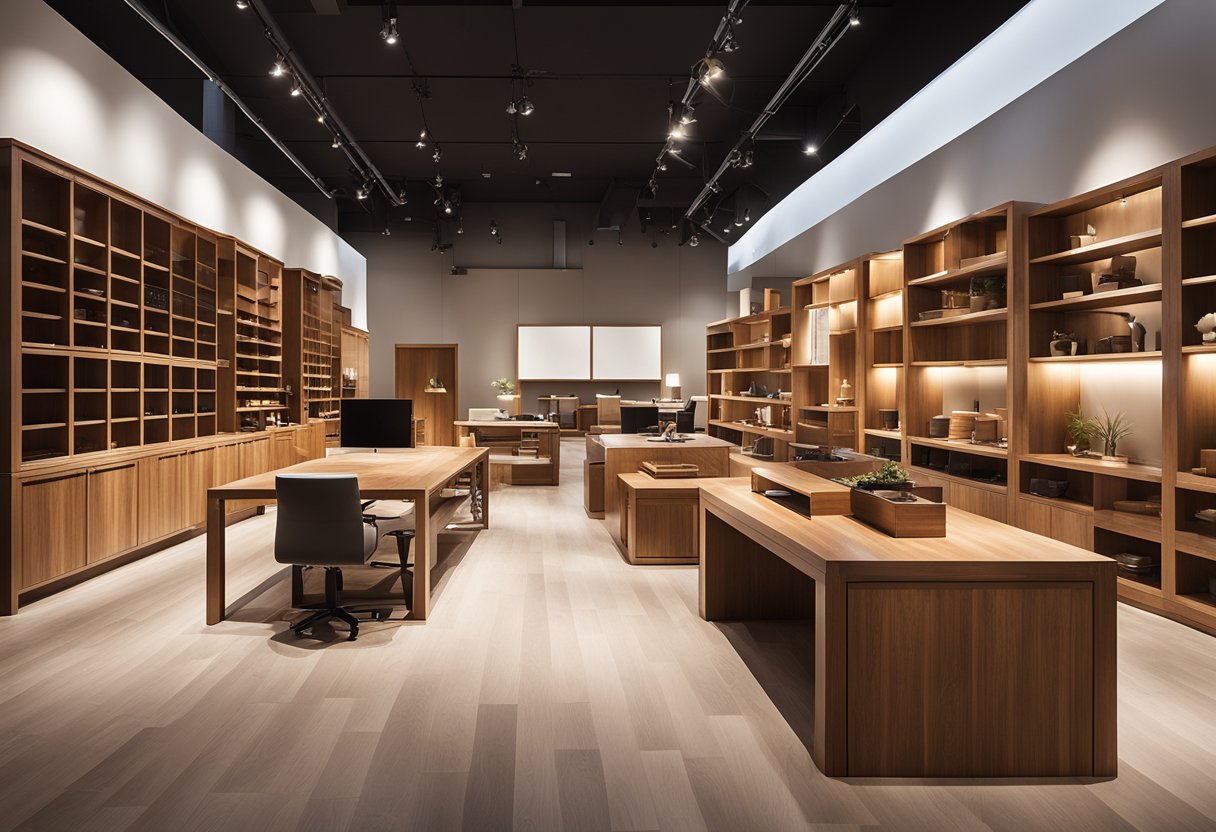 A spacious showroom with sleek wooden furniture and elegant carpentry displays. Bright lighting highlights the craftsmanship and attention to detail