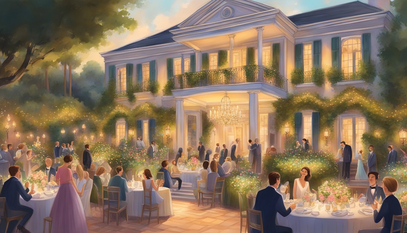 The grand mansion glows with warm lights, as guests mingle in the lush garden. Laughter and music fill the air, while elegant tables are adorned with exquisite decorations
