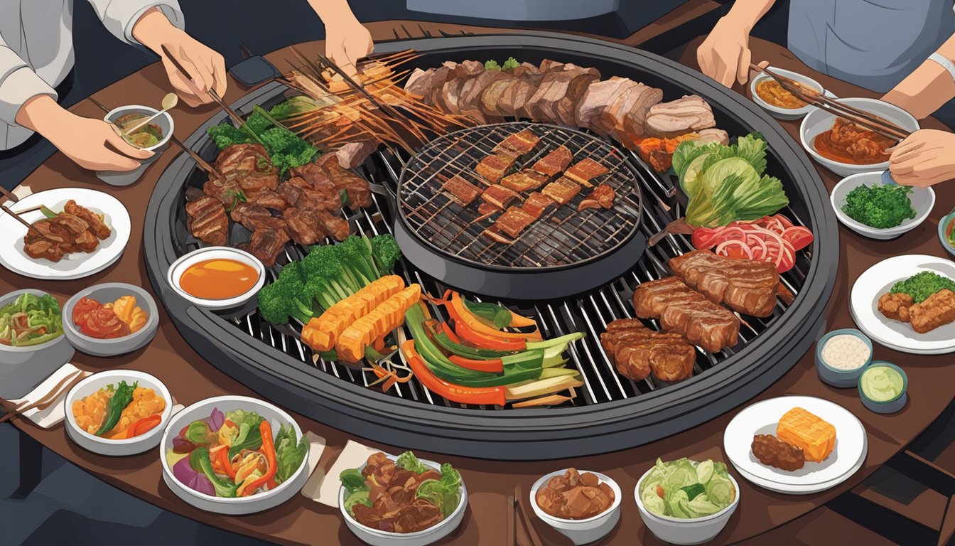 A sizzling grill with various meats and vegetables, surrounded by diners enjoying the aromas and flavors at Daorae Korean BBQ restaurant