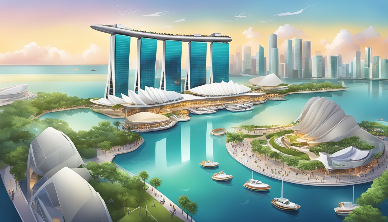 A bustling marina bay sands with halal restaurants offering convenient services for food lovers