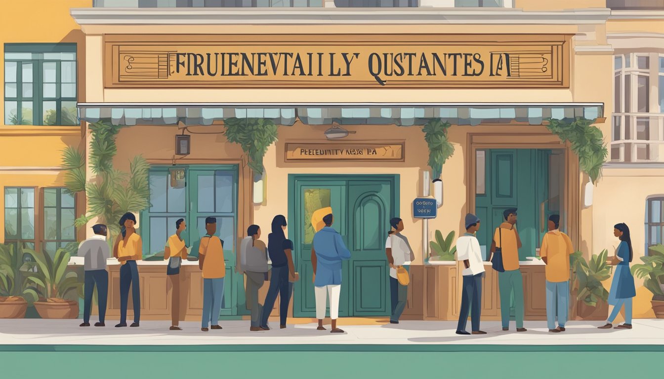 Customers lining up at the entrance of Thevar restaurant, with a sign displaying "Frequently Asked Questions" prominently placed