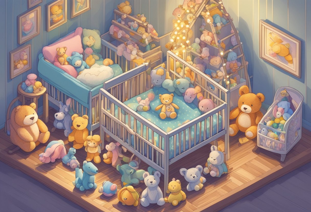 A colorful array of soft, cuddly toys surrounds a tiny crib, each with a name tag bearing adorable baby names