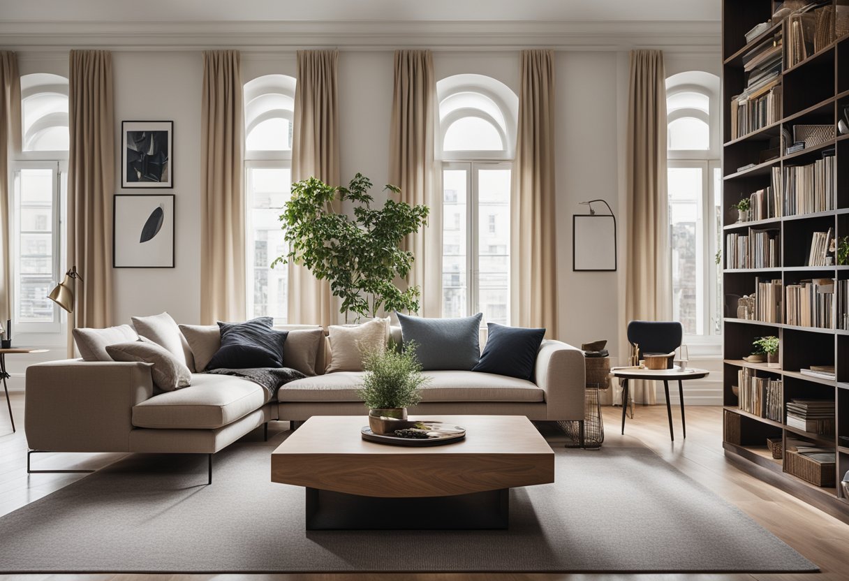 A cozy living room with a modern sofa, elegant coffee table, and stylish bookshelf. A large window lets in natural light, illuminating the space