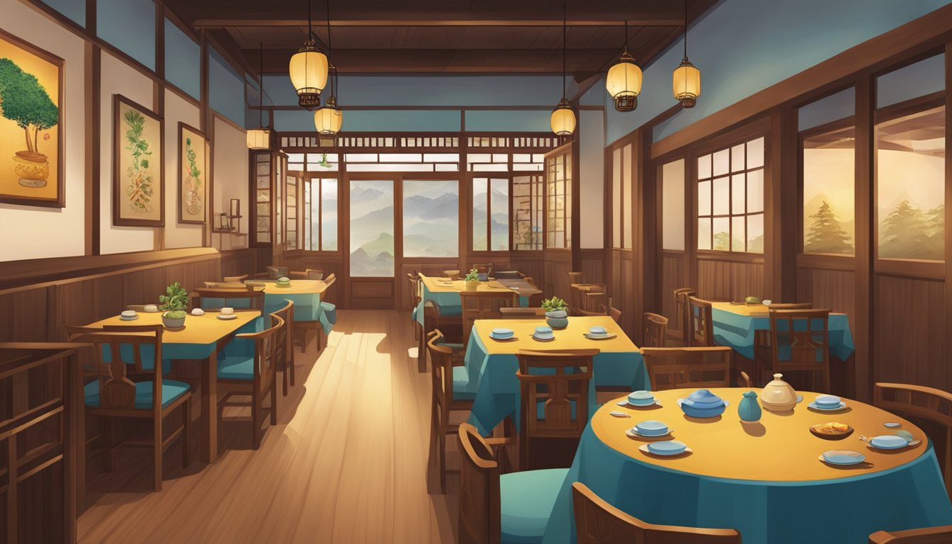 Customers entering Hyang Yeo Korean Restaurant, greeted by warm lighting and traditional decor. Tables set with colorful dishes and steaming food