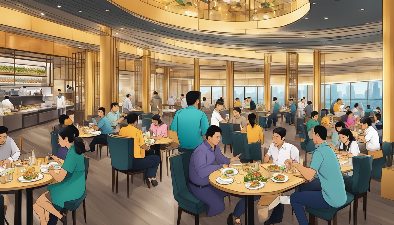 A bustling restaurant scene at Marina Bay Sands, with customers dining and staff serving halal food