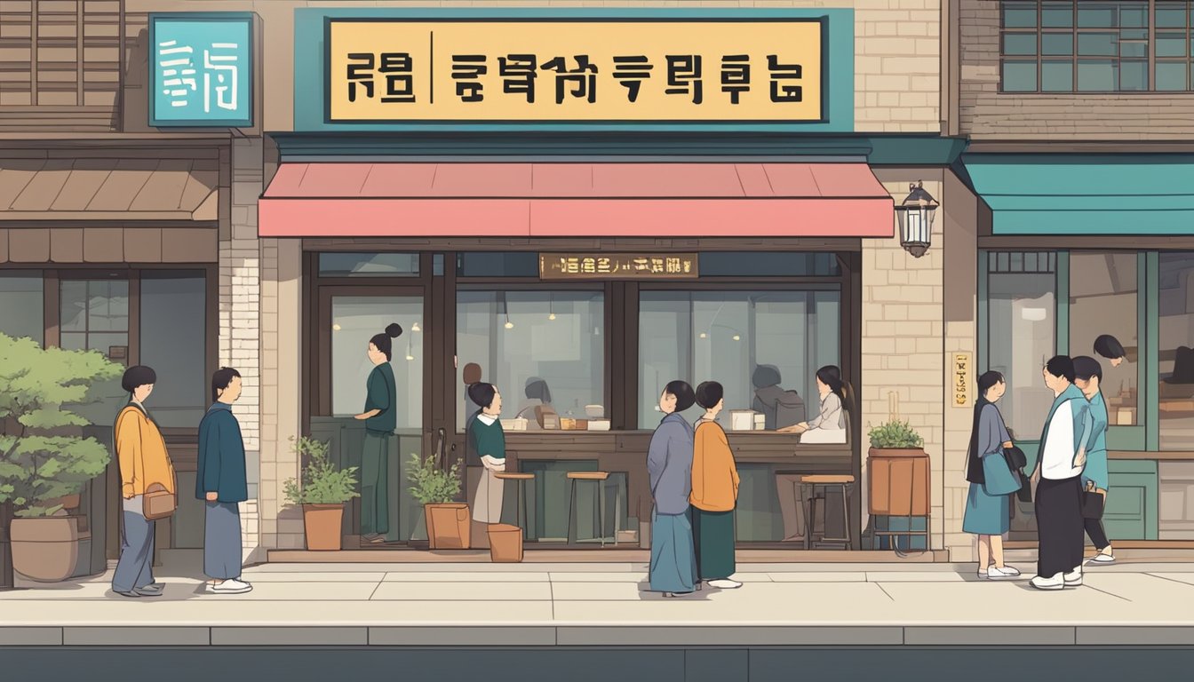 Customers lining up outside a traditional Korean restaurant, with a sign reading "Frequently Asked Questions hyang yeon korean restaurant" in bold letters