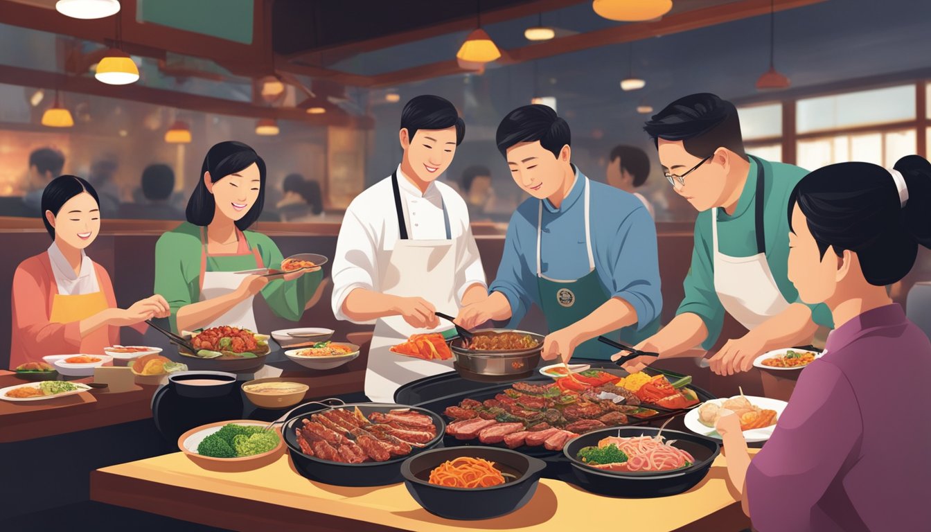 Customers enjoying sizzling meats and colorful side dishes at Daorae Korean BBQ restaurant. The aroma of grilled meat fills the air as attentive staff provide top-notch service