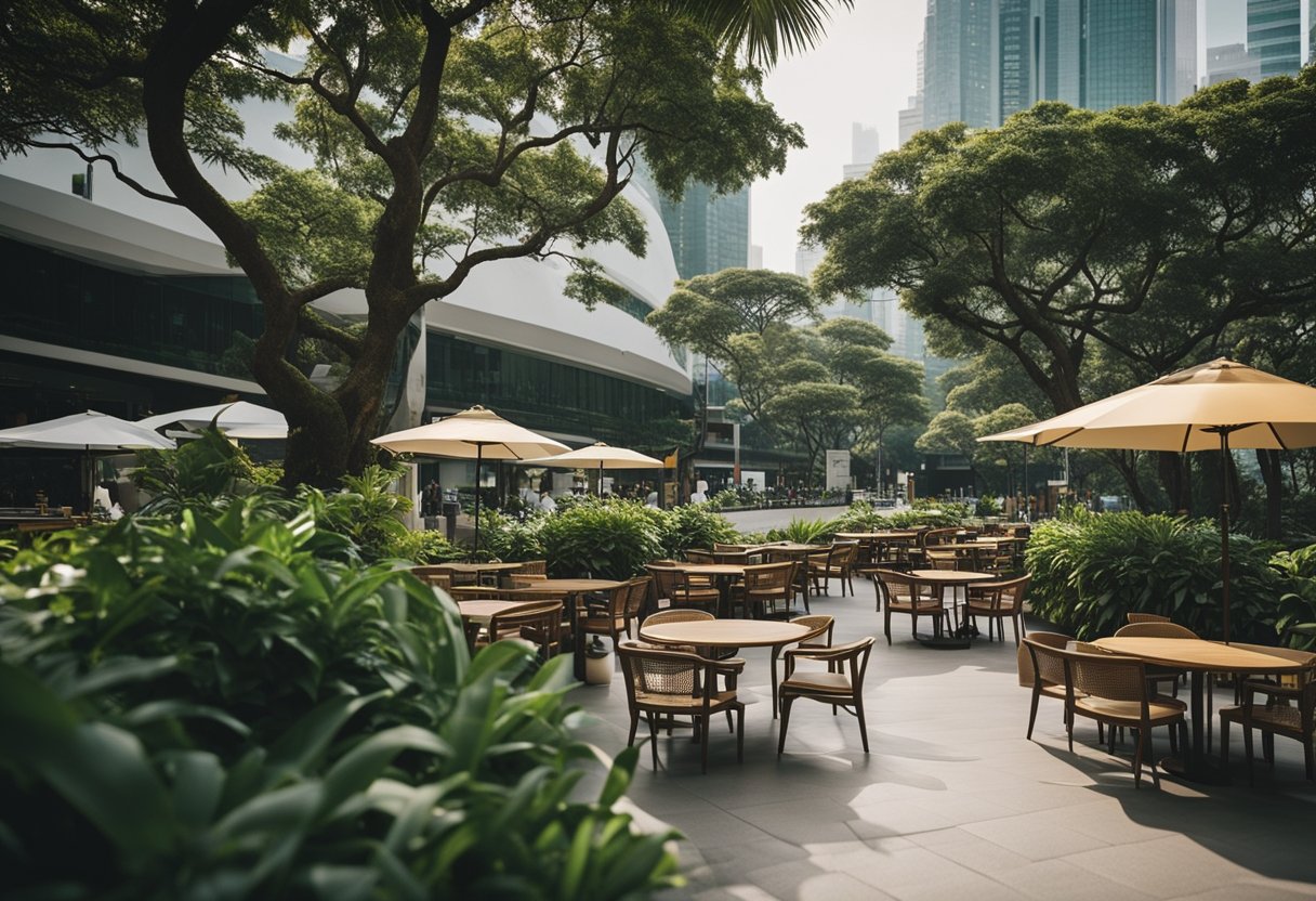 A bustling boulevard in Singapore with modern outdoor furniture and lush greenery