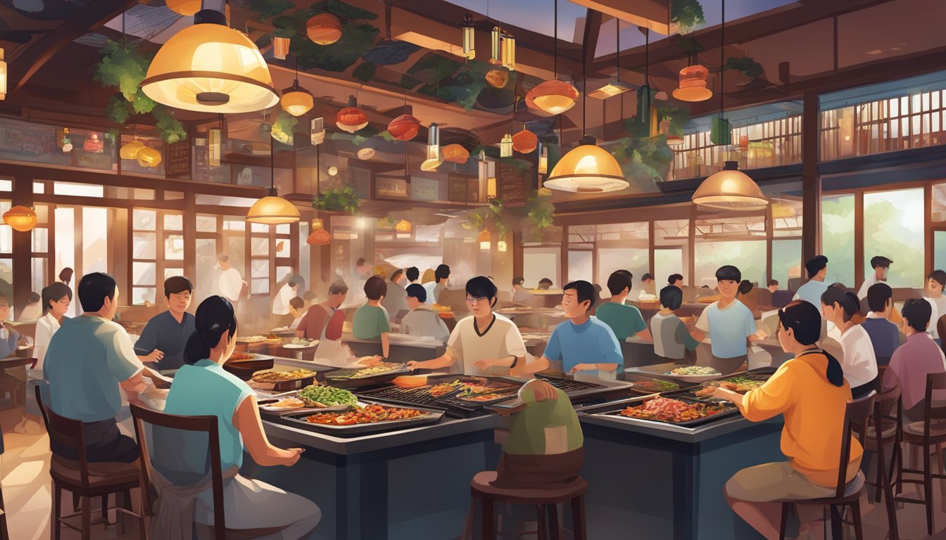 A bustling Korean BBQ restaurant with sizzling grills, colorful banchan dishes, and a lively atmosphere filled with diners enjoying their meals