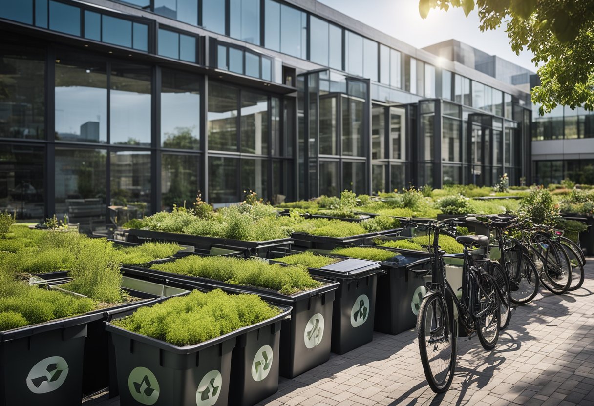 An office building with solar panels, green roofs, and large windows for natural light. Bicycles parked outside, recycling bins, and a garden
