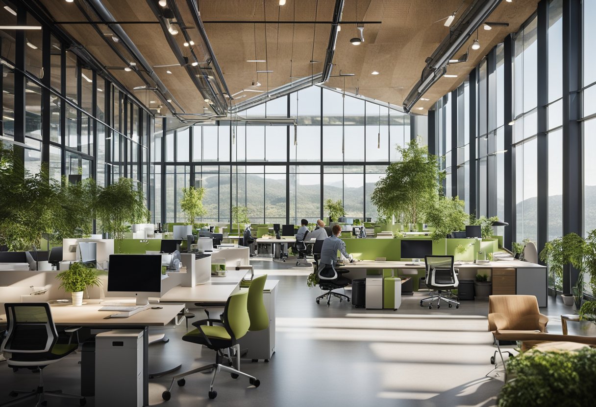 The sustainable office building features natural lighting, greenery, and energy-efficient systems. The open layout promotes collaboration and flexible workspaces