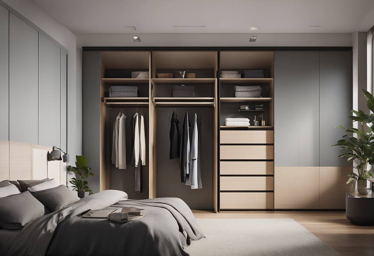 A modern wardrobe stands in a minimalist bedroom, sleek and functional, with clean lines and storage compartments