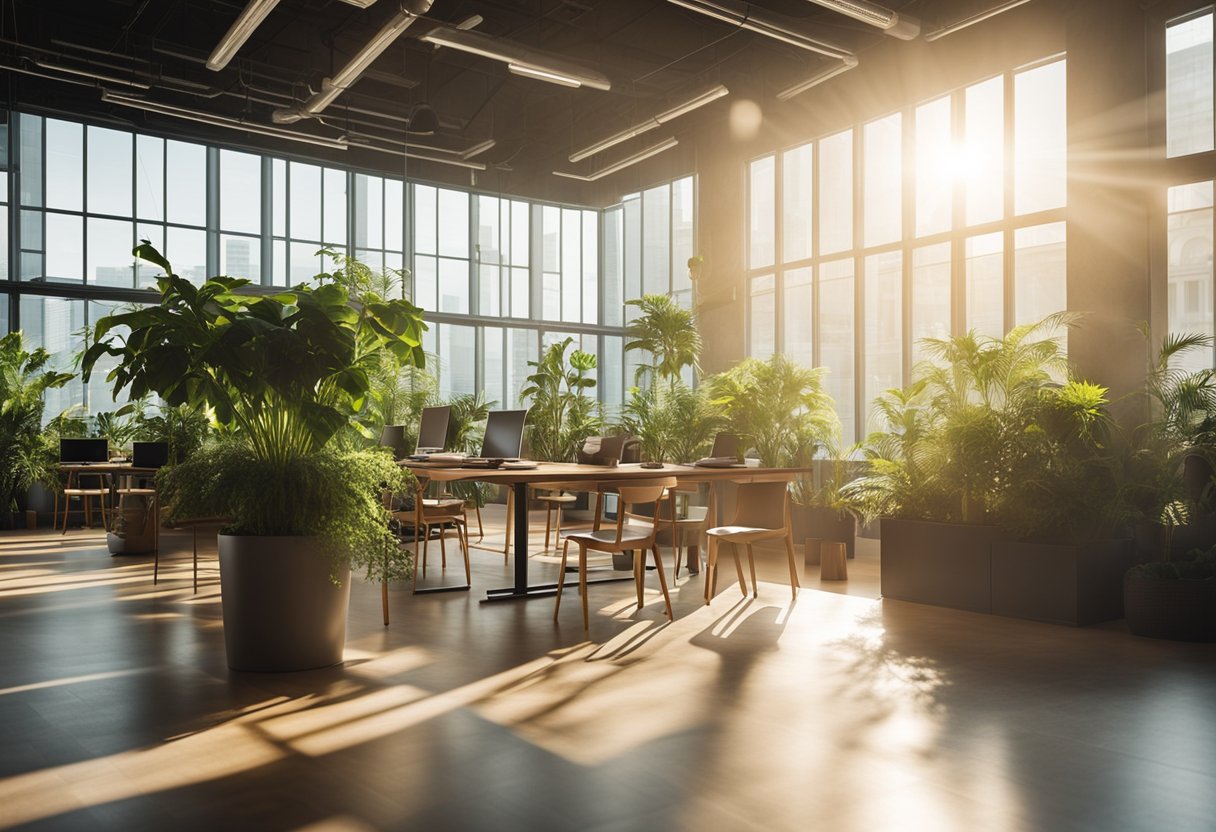 Sunlight streams through large windows, illuminating open workspaces and lush indoor plants. Natural materials and biophilic design elements create a calming, productive atmosphere