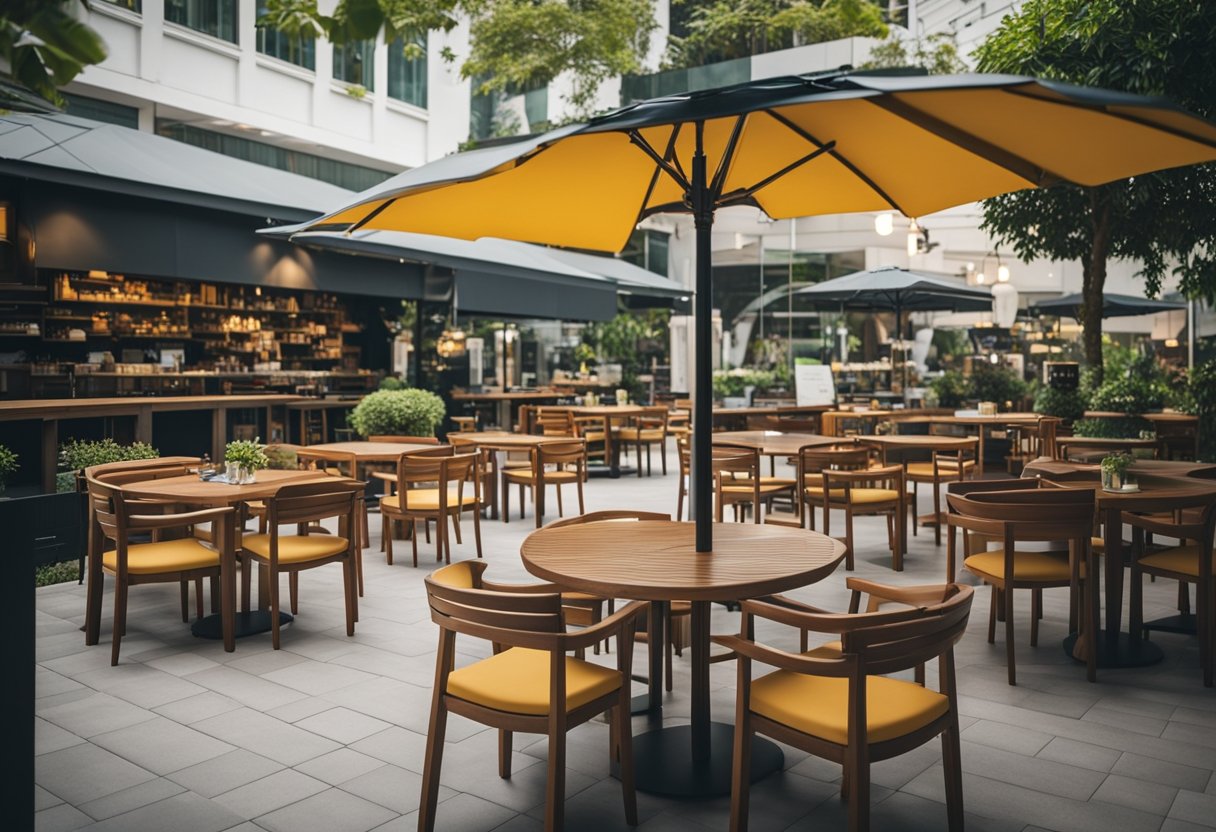A bustling outdoor furniture store in Singapore with modern designs and vibrant colors. Tables, chairs, and umbrellas are displayed in an open-air setting