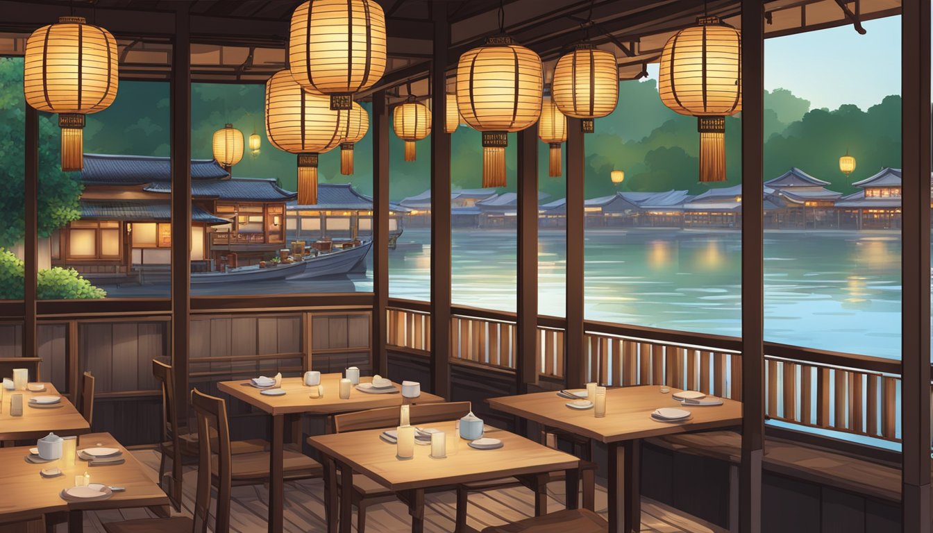 Japanese restaurant on boat quay with traditional lanterns, wooden tables, and a view of the river