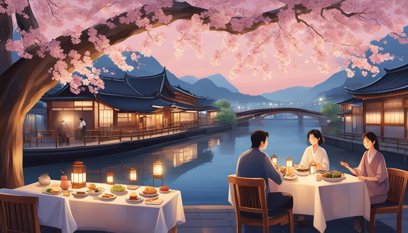 Diners enjoy traditional Japanese dishes at a riverside restaurant in Boat Quay, with lanterns and cherry blossom trees creating a serene atmosphere